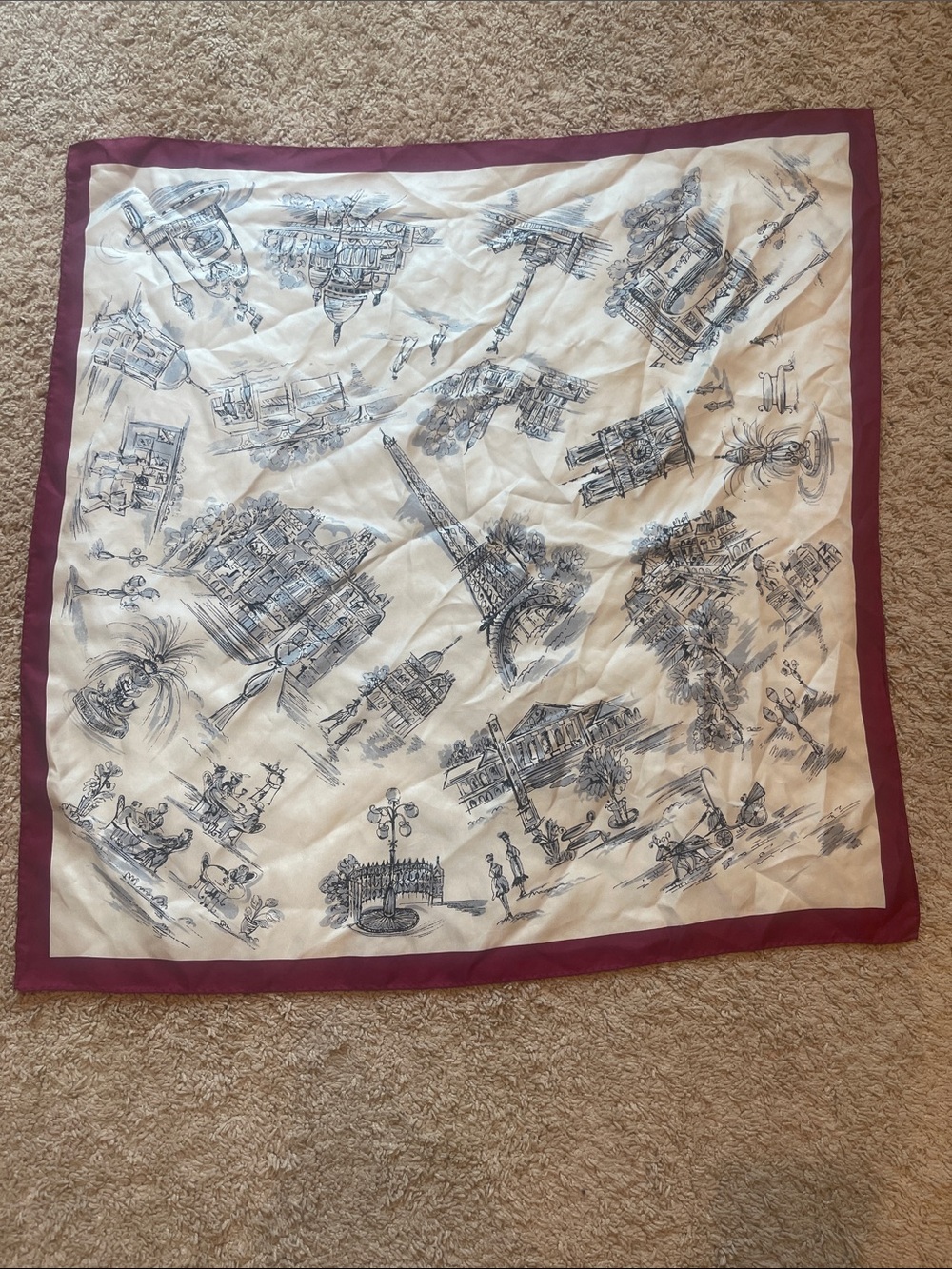 Silk-Feel Paris Toile Scarf with Plum Border